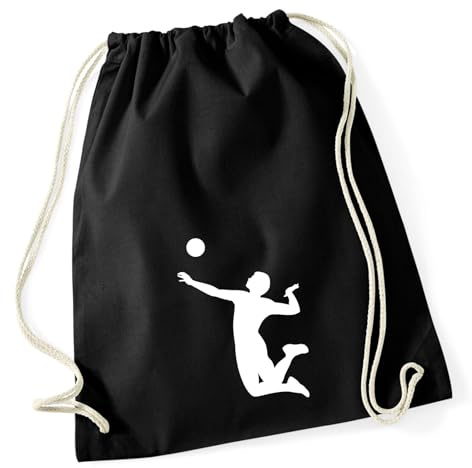 Huuraa Turnbeutel Volleyball Silhouette Geschenk | Sportbeutel 12 Liter Black Baumwolle Schwarzer Rucksack Geschenkidee Unisex Beutel mit Kordelzug Baumwollbeutel