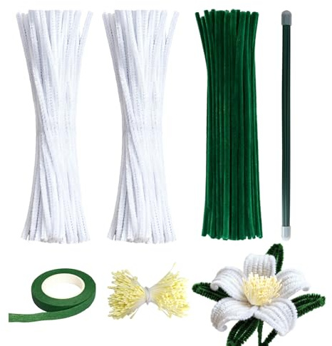 Premium-Pfeifenreiniger weiß & pfeifenputzer zum basteln grün Bastelset – 300 Stück florales DIY-Zubehör mit Lilienmotiv