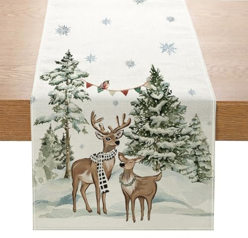 Tischläufer Weihnachten Weiß, Weihnachtstischdecke Rentier Weihnachtsbaum Schneeflocken, Tischdeko Weihnachten, Tischdecke Winter Tischband für Esstisch Küche Urlaub Party Deko