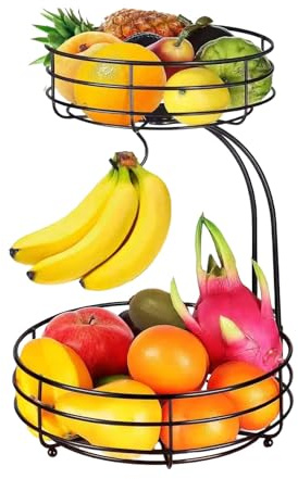 YBLUE 2-Tier Countertop Fruit Basket Bowl with Banana Hanger, Metal Bowls Vegetable and Fruit Storage Basket Perfect for Holding Fruit, Vegetables, Snacks, Cupcakes