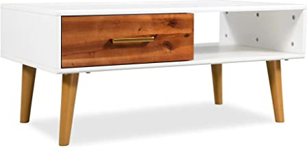 YuuSsea Couchtisch Massivholz Akazie 90x50x40 cm, Braun Mattweiß, mit Schublade und Ablage, robuster Beistelltisch für Wohnzimmer, eleganter Holz-Kaffeetisch