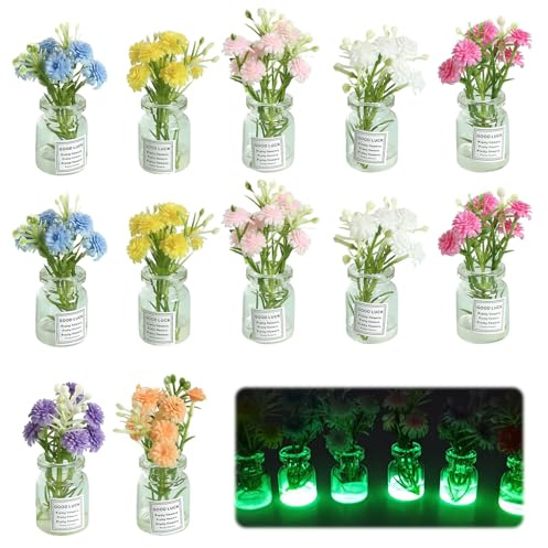 Toyhood 14pcs Dollhouse Mini Bouquet Potted Plants, Luminous Miniature Colorful Flower Plants Figurines, DIY Fairy Garden Dollhouse Accessories