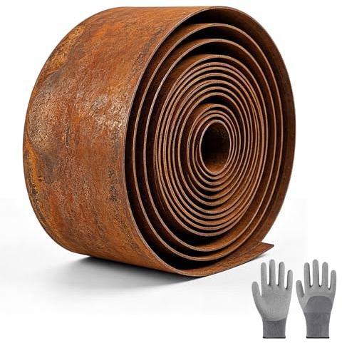 Bordure de pelouse en acier résistant aux intempéries - 14 cm de haut - Bordure de pelouse en métal avec aspect rouille - Montage facile - Convient pour le gazon de jardin - Gants de montage inclus (5
