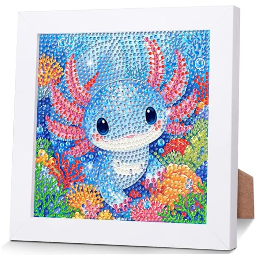NEWENMO Süßer Axolotl Diamond Painting Kinder Set,5D Bunte Korallen Diamant Painting Bilder mit Rahmen,Diamant Art Kit für Kinder ab 6-8-12 Jahre,Ideal für Anfänger Geschenk zur Wohnungsdekoration