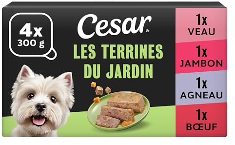 Cesar Les Terrines du Jardin 4 x 4 x 300 g Veau et Carottes, Jambon et Haricots Verts, Agneau et Légumes et Morceaux de Bœuf et Légumes (Pack de 16)