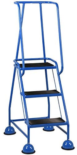 3 Tread Mobile Warehouse Steps -BLUE- 1.43m Portable Safety Ladder Stairs & Castor Wheels – 0.76m Platform Height – Tall Handrail For Safe Picking in Narrow Aisle – Easy Movement Push & Pull Action