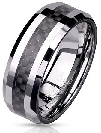 Paula & Fritz® Ring Herren Wolframcarbid Carbonfaser-Inlay Gr. 67 (21,3) Silber/Schwarz 8-mm Breit Herren-Ring Damenring Partnering Verlobungsring