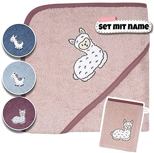 Baby Kapuzenhandtuch Set mit Waschlappen | Baby Badetuch 80x80 Bestickt mit Namen | Baby Handtuch Kapuzenbadetuch | personalisiert mit Name | Jungen Mädchen (Rosa Lama)