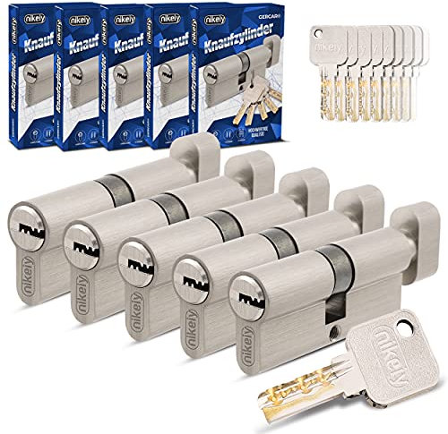 GERCAR Pro Gleichschließend 5 Knaufzylinder 40/40 Set 5x Schließzylinder mit Knauf inkl. 25 Schlüssel - 80 mm Türschloss Zylinderschloss 5er Zylinder - Länge: 80mm, A:40 B:40 - Messing matt massiv