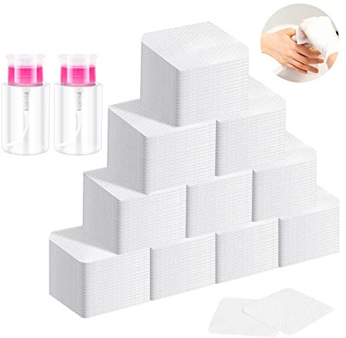1000Pcs Toallitas para Uñas sin Pelusa, Almohadillas de Algodón de Limpieza de Uña, Tela no Tejida Toallitas Uñas Arte, Almohadilla de Algodón para Residuos Cosméticos Limpios, con 2 Botellas
