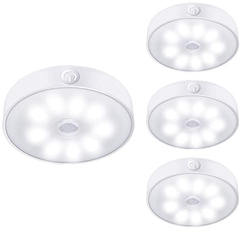 LAVAED 4 Pack Motion Sensor Puck Lights Indoor LED Closet Lights USB Rechargeable Battery Powered Night Light 9LEDs 6000k Dimmable Under Cabinet Light Stick-on for Pantry Bedroom Kitchen (Cool White)