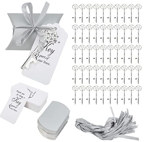 Cyrank 50 pezzi Bomboniere Apribottiglie Chiave, Bomboniera Souvenir Regalo, Apribottiglie Chiave Vintage Portachiavi Apribottiglie Chiave Rustico Carino con Scatola Etichetta per Ospiti