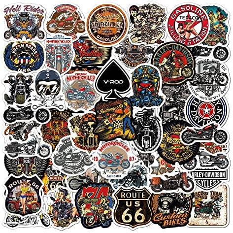 50 Stück Harley Motorrad Aufkleber für Wasserflaschen Handyhülle Tourgepäck Helm Kofferraum Auto Stoßstange Planer Fahrrad Schutzhelm Vinyl Motormarken Aufkleber für Teenager Männer Erwachsene