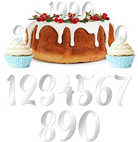 Gyufise 10Pcs Acrylic Number Cake Topper DIY Cupcake Toppers with 0-9 Numbers Mirrored Silver Picks for Wedding Cake Decorations Happy Birthday Baby Shower Party Supplies