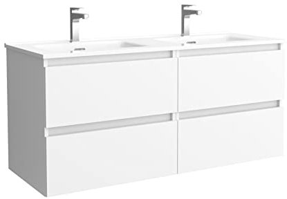 Salgar Mueble de baño Bequia 120 cm con Lavabo 100% montado de fábrica | Acabado Blanco Mate suspendido 4 cajones Cierre amortiguado Apertura con uñero | Lavabo 2 pozas Porcelana Blanca | Marca