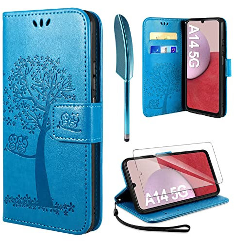 ivencase Handyhülle Kompatibel mit Samsung Galaxy A14 5G(NOT for A14 4G) Hülle mit Panzerglas PU Leder Flip Wallet Tasche Case und Magnet Kartenfach Schutzhülle - Blau