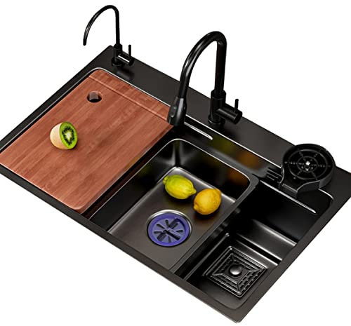 Fregadero De Cocina De Acero Inoxidable Fregadero De Gran Tamaño Fregadero Integrado Fregadero Negro con Lavavajillas Grifo Y Accesorios (Color : Nero, S : 75x45cm)