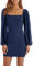 Wenrine Women's Dress Mesh Long Sleeve Square Neck Party Dress Ruched Club Cocktail Bodycon Mini Dress(Navy Blue,S)