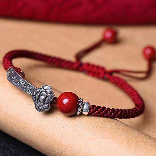 Natürliches Zinnober-Armband Zinnober Armband Sterling Silber Ruyi Bettelarmband Rote Schnur Armband Amulett Reichtum Viel Glück Armband Starker Talisman Stein Zinnober Quarz Armband ( Color : Red , S