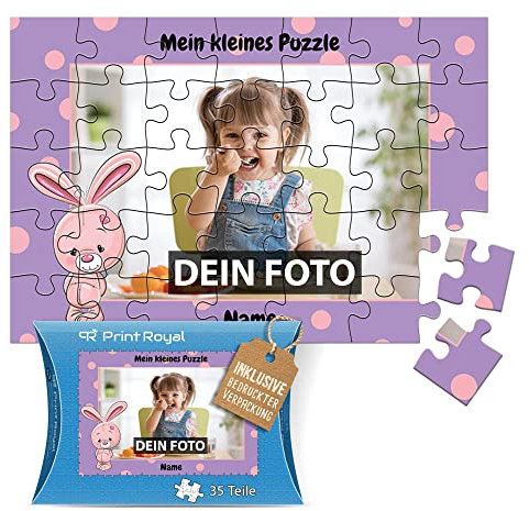 Fotopuzzle für Kinder mit Name und Foto Puzzle selbst gestalten - Mein kleines Puzzle mit Hase, Kinderpuzzle | 28 x 19 cm, 35 Teile in Kartonverpackung