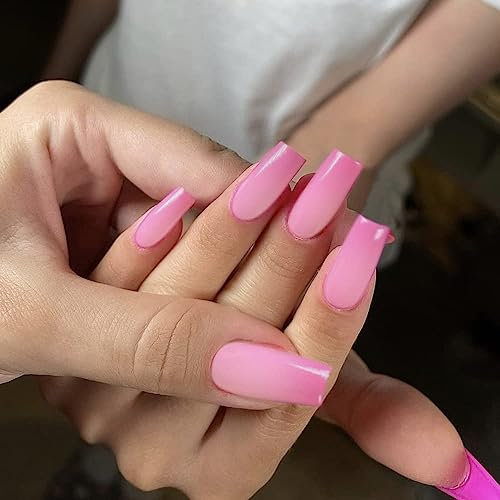 Long Nails for Sticking Coffin, KXAMELIE Ombre Pink Simple False Nails Full Cover Gel Opaque Acrylic Nails Simple Mani for Women and Girls Daily Work