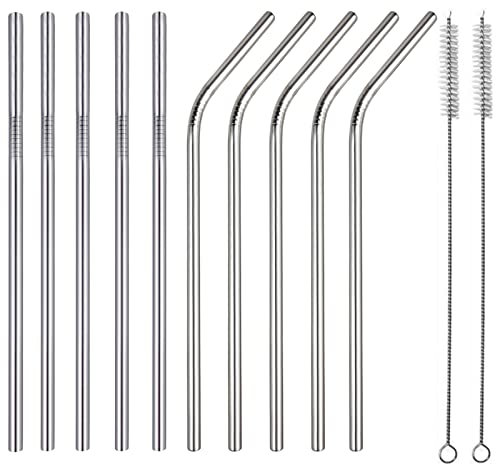 XINGXINLIAN Paille Inox Reutilisable, Pailles Cocktail (5 Droites + 5 Courbées) avec 2 Brosses Nettoyage, Paille Metal pour Cocktails, Lait Glacé, Milkshakes, Café Glacé, Thé