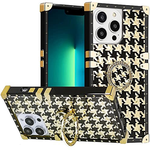 DMaos for iPhone 14 Pro Max Case with Ring for Women, Gold Gorgeous Rhinestone Bling Diamond Kickstand, Premium for iPhone14 Pro Max 6.7'' - Houndstooth