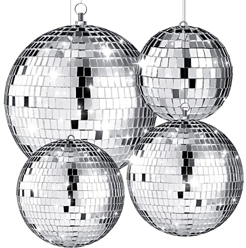 CHENGU 4 Pcs Large Silver Disco Ball Set, Multi Size, 12, 8, 6, 4 Inch