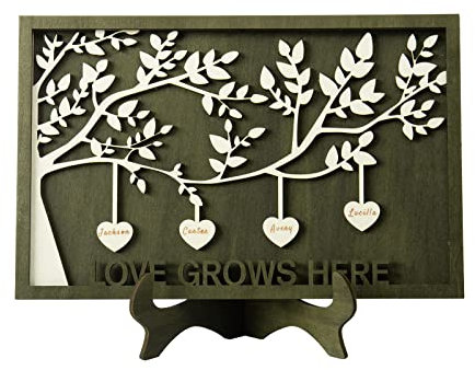 Letrero de madera personalizado con marco de árbol genealógico personalizado con 2-9 nombres, placas de madera decorativas para el Día de la Madre de parte de hija (4 nombres, estilo 2)