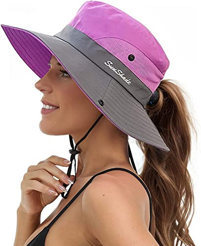 Uhky Damen Sommer Sonnenhut breite Krempe Outdoor UV-Schutz Hut Faltbarer Pferdeschwanz Bucket Cap für Strand Wandern (Lila)