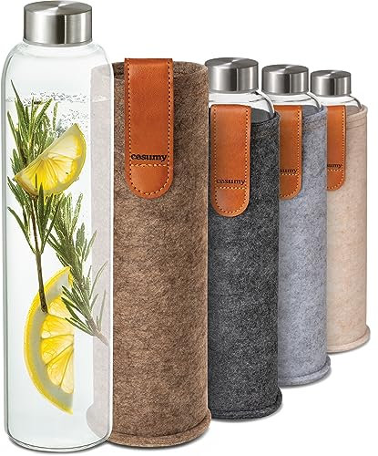 Cosumy Glass Water Bottle 750ml with Felt Cover - Dishwasher Safe - Leakproof - BPA Free - Carbonated Suitable (Sand brown)