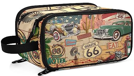 Kulturbeutel Vintage USA Route 66 Große Kosmetiktasche Kulturtasche Waschtasche Make Up Tasche Waschbeutel Schminktasche für Damen Mädchen