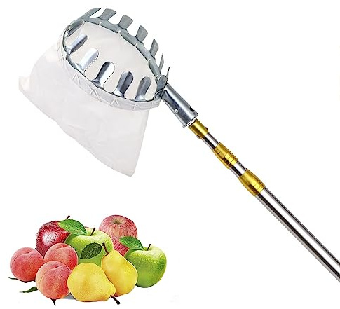 PJDDP Obstpflücker Teleskop, 5M höhenverstellbares Obstsammler, Edelstahl Obsternter für die Ernte von Äpfeln,Mangos,Birnen,Pfirsichen,Mangos,Kiwis,Zitronen und noch mehr Früchte,Gold