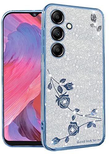 Yarxiawin For Samsung A34 5g Case Clear Glitter Sparkle Luxury Shiny Samsung Galaxy A34 5g Phone Case for Women Silicone TPU Soft Flower Transparent Shockproof Cover Pink Thin (Silver-Blue)
