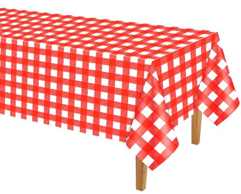 PLULON Rot-weiß Karierte Tischdecke aus Kunststoff, Büffelkaro, Gingham-rote Tischdecke, 137 x 274 cm, für Picknick, Babyparty, Geburtstag, Weihnachten, Party, Urlaub, Abendessen, Tischdekoration