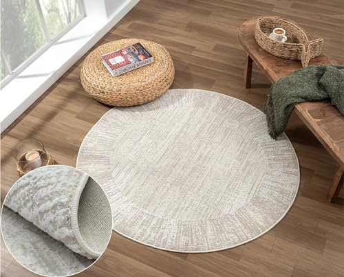 MY-RUG Teppich Kari rund Cream 120 x 120 cm Runder Esszimmerteppich in kurzflor, Badezimmerteppich in Beige Grau meliert für das Wohnzimmer