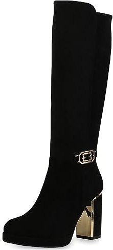 VAN HILL Damen Klassische Stiefel Blockabsatz Plateau Vorne Trendy Schuhe 840613 213375 Schwarz Velours 39