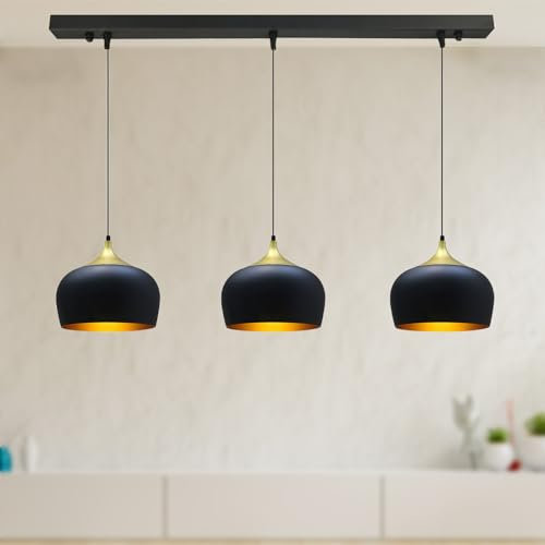bamyum Kreis Hängelampe Esstisch 3 Flammig Schwarz Gold Ø30 cm, Pendelleuchte Esstisch Vintage E27 Esstischlampe, Lampenschirm Hängelampe Schwarz Gold, Pendelleuchte Esstisch Wohnzimmer Esszimmerlampe