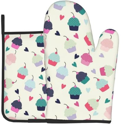 Ofenhandschuhe und Topflappen mit Cupcake-Herzen, hitzebeständig, wasserdicht, zum Backen, Kochen, Grillen, 2 Stück