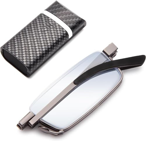 Amorays Faltbare metal Lesebrille Mini Tragbare Lesebrillen with Hartschalen-Etui Anti-Blaulicht für Damen und Herren 1166(Schwarz,+1.50)