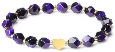 MetJakt Original Damen Armband Naturstein 8MM Kristalle Herz Design Stretch Stretcharmband 18k Vergoldet Edelstein Facettiert Halbedelsteine Gold Perlenarmband Damenschmuck (Lila Tigerauge)