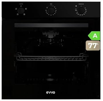 EVVO Horno Eléctrico Empotrable, Eficiencia A - 2800W, 77 Litros, Función Grill, 4 Programas, Temporizador, Mando Selector, Puerta Triple Acristalamiento Modelo: H10 (Color Negro)