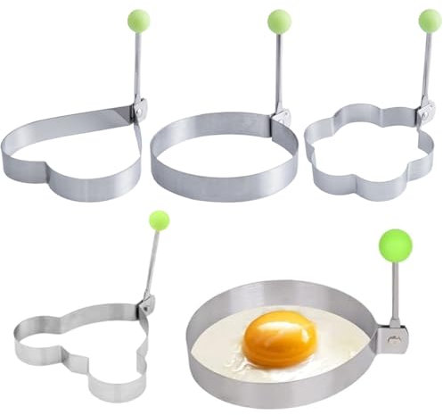 FDCGAS tortitas - 4 Piezas Anillos de Huevo de Acero Inoxidable con Mango Anti-Calor Anillos para Cocinar Huevos Redondos y con Forma de Corazón Moldes para Huevos Fritos No Pegajosos para Freír