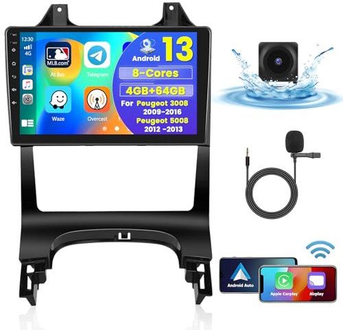 [8Cores 4G+64G] Hikity Autoradio Android 15 Für Peugeot 3008 2009-2016 9Zoll Touch Display Auto Radio mit 1280 * 720 Pixel 32EQ FM RDS Wireless Carplay Android Auto GPS Navi WiFi MIC Rückfahrkamera