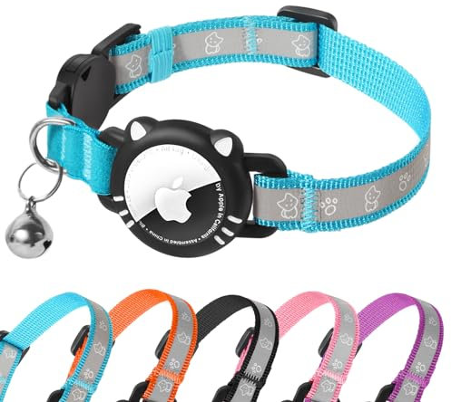AgoumLux Airtag Katzenhalsband AirTag Halsband Katze Reflektierend mit Sicherheitsverschluss Glocke Katzenhalsbänder mit Airtag Hülle Verstellbar für Katzen, Blau, S(23-33 cm)