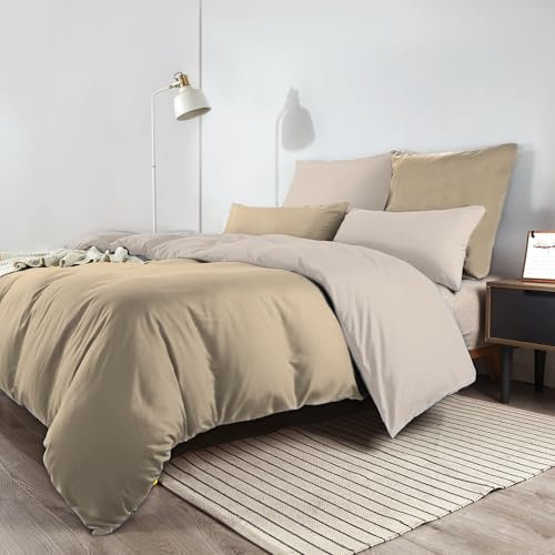 Soifox Bettwäsche 200x200 Beige - aus Mikrofaser Bügelfrei & Knitterfrei Bettbezug 200 x 200 Set mit 80x80 cm Kissenbezug 2er Set Bettwasche mit Reißverschluss