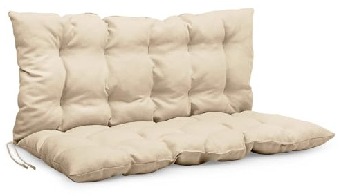 MG Design Bankauflage 120 x 50 x 50 cm Kissen beige - Sitzkissen & Rückenkissen aus Polsterstoff, mit weicher Füllung, mit Schnüren zum Binden - Gartenbankauflage, Bankkissen
