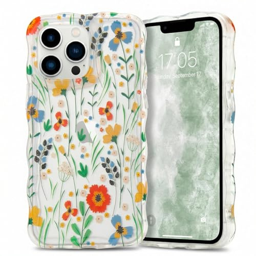 Micoden Cute Curly Wave Case for iPhone 13 Pro,Clear with Anti-Yellowing Flower Floral,Soft TPU Slim Bumper Shockproof Anti-Scratch Protective Wavy Cover for Girls Women-Orange