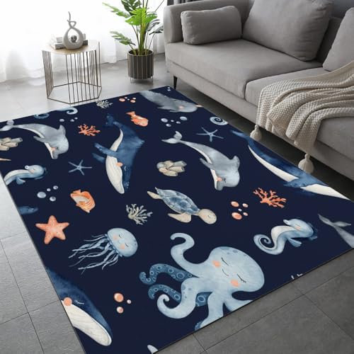 ARiXIaNg Unterwasserwelt Kurzflor Teppich 3D Ozean Tiere Muster Kinder Teenager Kurzflor Flanell Teppiche rutschfeste Spielteppiche FüR Schlafzimmer Flur Wohnzimmer Boden Teppich 100x150 cm
