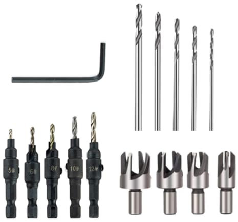 Oiieco 15Pcs Countersink Drill Bit Set, Including 5 Piece Woodworking Countersink Drill Bits,4 Plug Cutters and L-Wrench,Adjustable 1/4 Hex Shank 5 Size (#5,6,8,10,12) for Hole Drilling in Wood